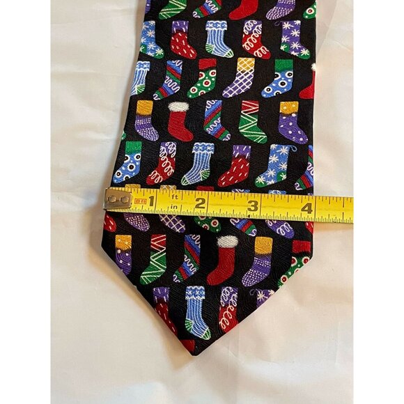 VTG Christmas Stocking Silk Necktie Made In USA 100% Silk Black Festive Design - Picture 4 of 4